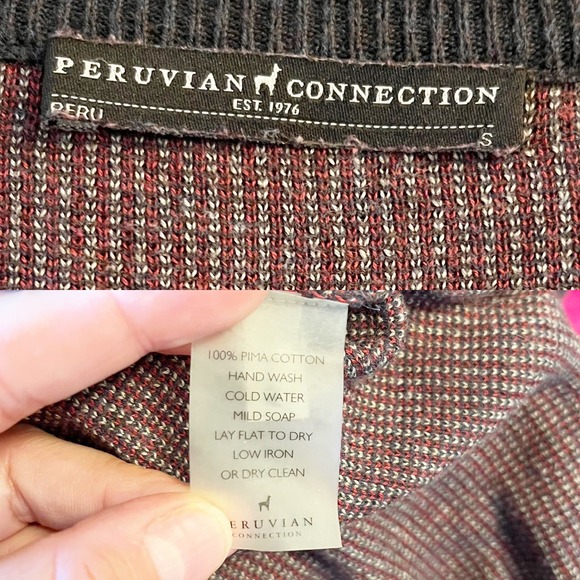 PERUVIAN CONNECTION Knit Sweater Crew Neck Gray Brown Aztec Print Cotton Small - Picture 4 of 8